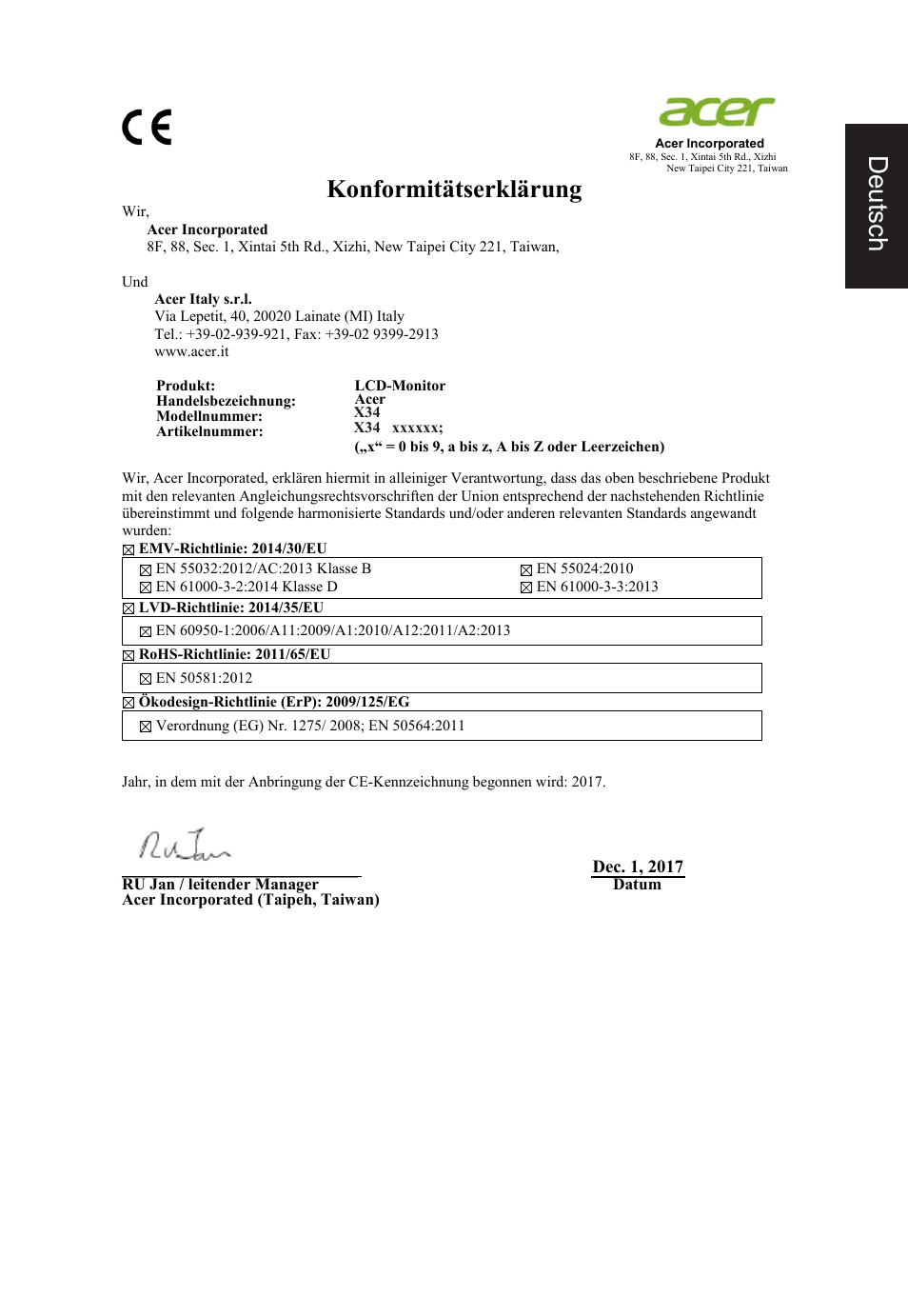 Deutsch, Konformitätserklärung | Acer Predator X34 GSbmiipphuzx 34" 180 Hz Curved Gaming Monitor User Manual | Page 13 / 20