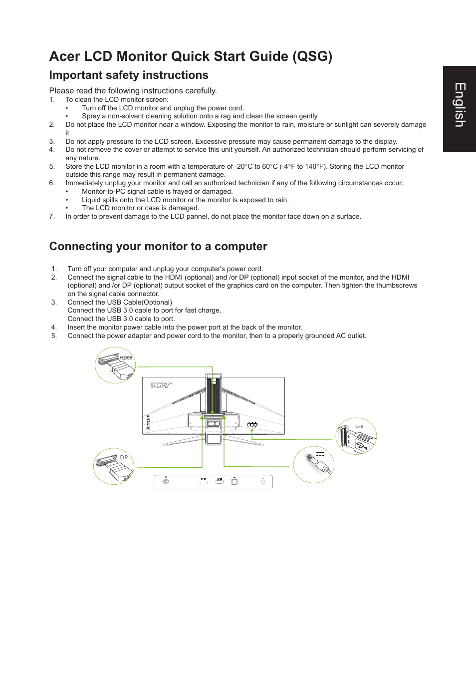 English acer lcd monitor quick start guide (qsg), Important safety instructions, Connecting your monitor to a computer | Acer Predator X34 GSbmiipphuzx 34" 180 Hz Curved Gaming Monitor User Manual | Page 3 / 20