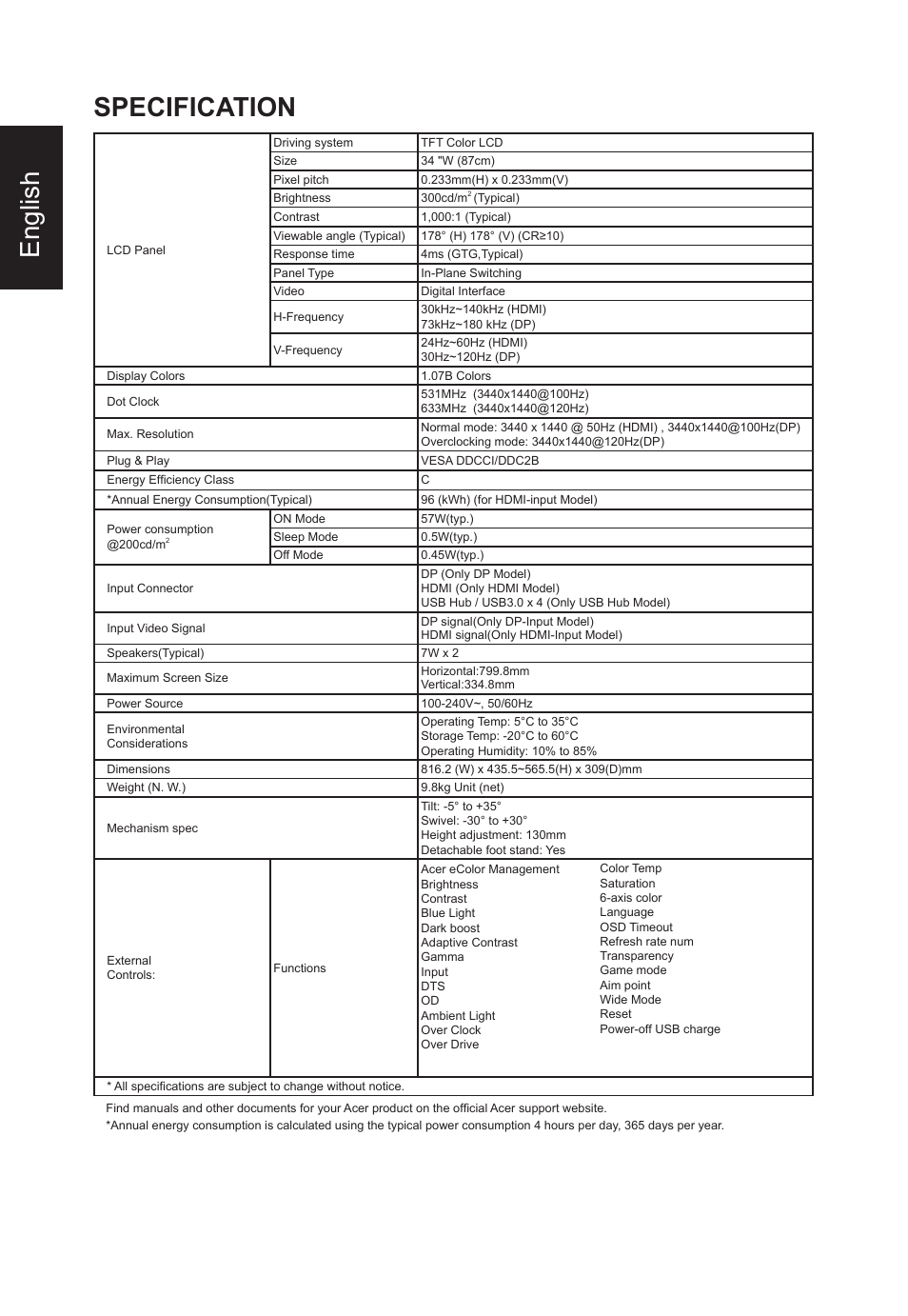 English specification | Acer Predator X34 GSbmiipphuzx 34" 180 Hz Curved Gaming Monitor User Manual | Page 6 / 20