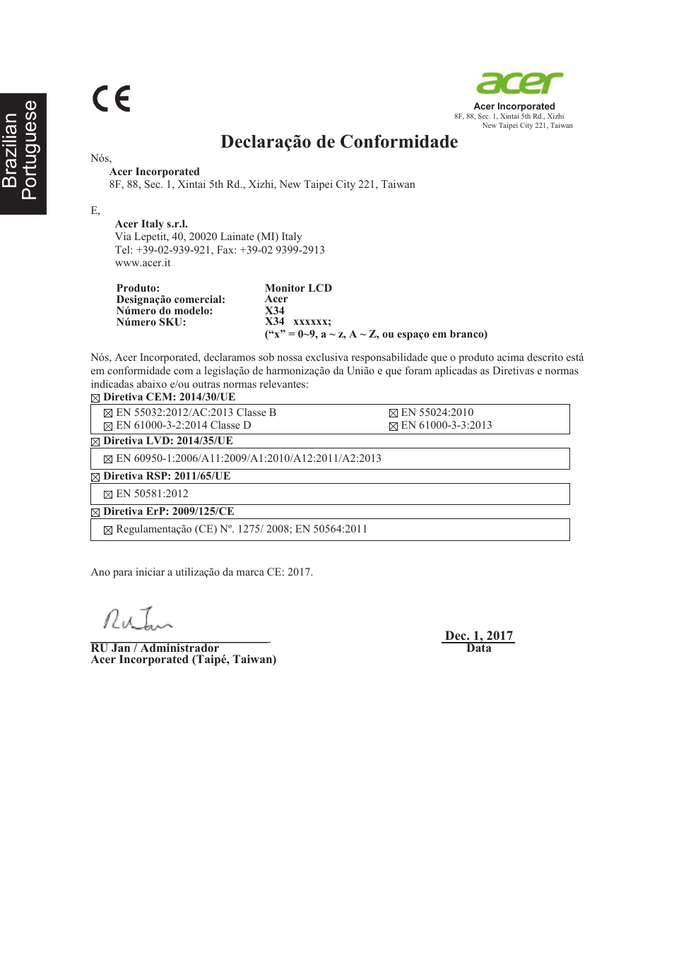 Brazilian portuguese, Declaração de conformidade | Acer Predator X34 GSbmiipphuzx 34" 180 Hz Curved Gaming Monitor User Manual | Page 8 / 20