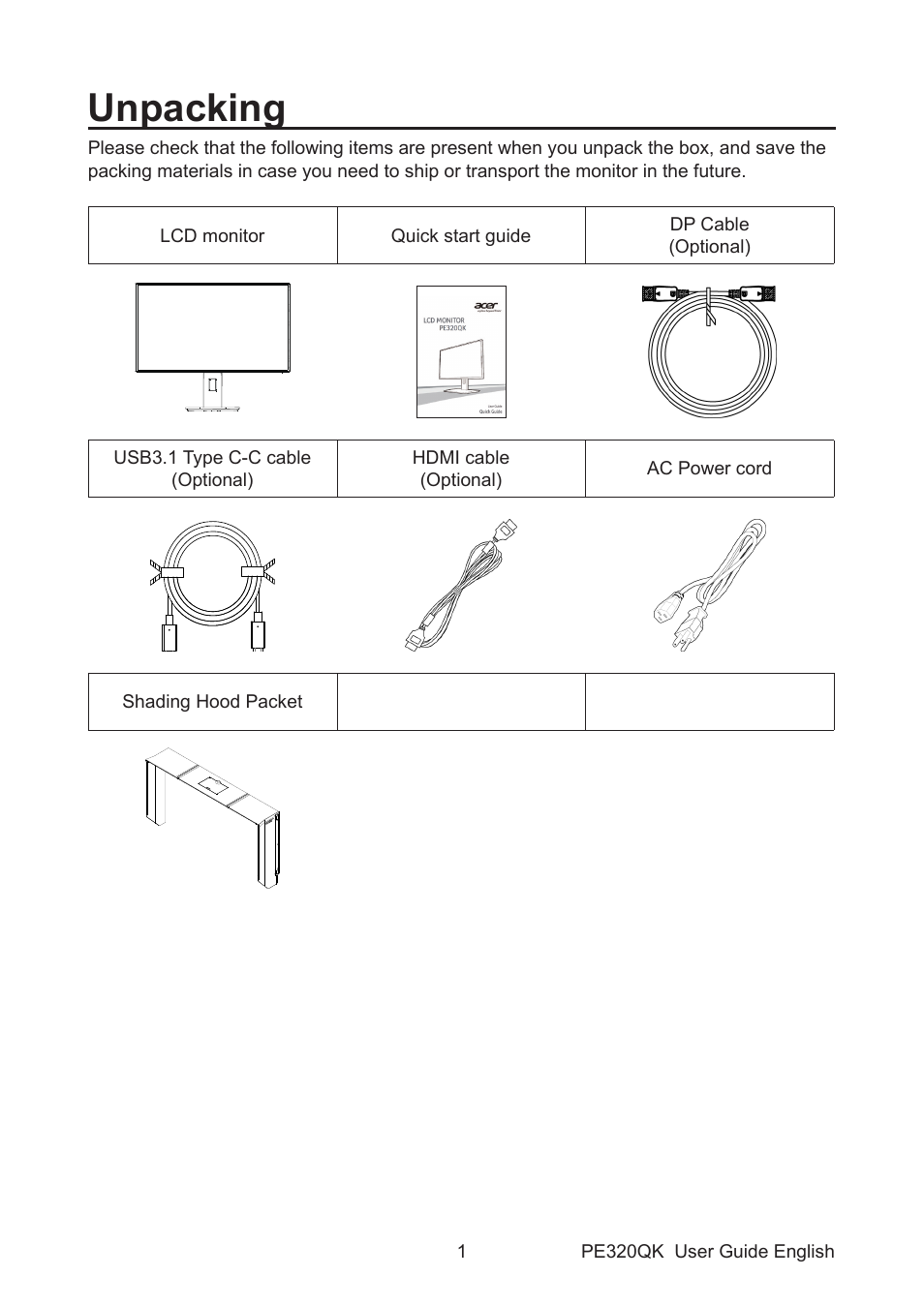 Unpacking | Acer PE320QK bmiipruzx 31.5" 16:9 Color Accurate HDR 4K UHD Monitor User Manual | Page 12 / 33