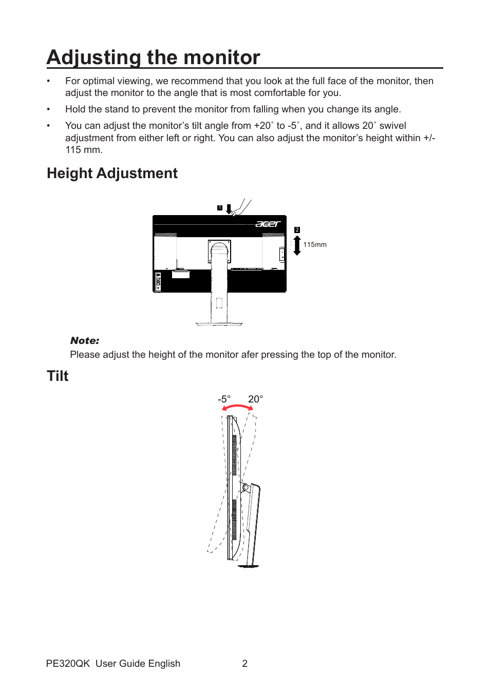 Adjusting the monitor, Height adjustment, Tilt | Height adjustment tilt | Acer PE320QK bmiipruzx 31.5" 16:9 Color Accurate HDR 4K UHD Monitor User Manual | Page 13 / 33