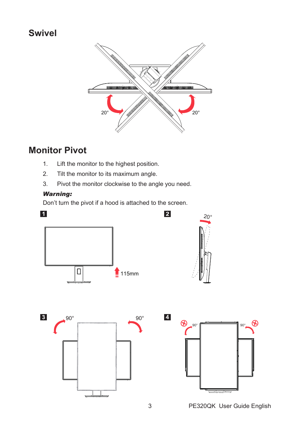 Swivel, Monitor pivot, Swivel monitor pivot | Acer PE320QK bmiipruzx 31.5" 16:9 Color Accurate HDR 4K UHD Monitor User Manual | Page 14 / 33