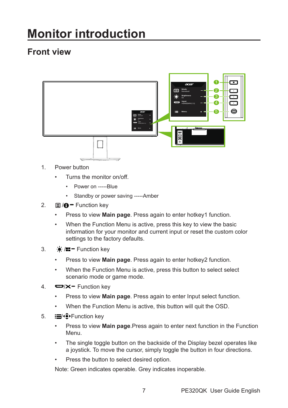 Monitor introduction, Front view | Acer PE320QK bmiipruzx 31.5" 16:9 Color Accurate HDR 4K UHD Monitor User Manual | Page 18 / 33