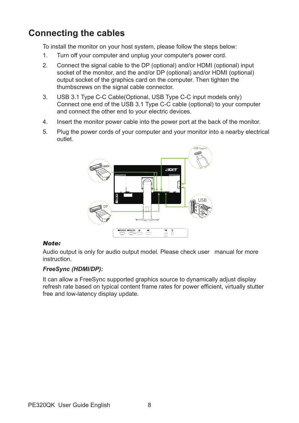 Connecting the cables | Acer PE320QK bmiipruzx 31.5" 16:9 Color Accurate HDR 4K UHD Monitor User Manual | Page 19 / 33