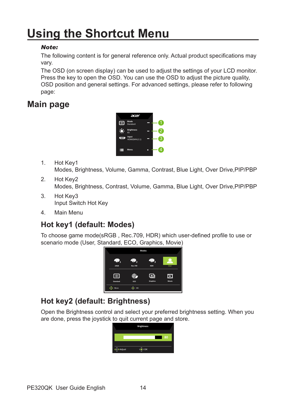 Using the shortcut menu, Hot key1 (default: modes), Hot key2 (default: brightness) | Main page | Acer PE320QK bmiipruzx 31.5" 16:9 Color Accurate HDR 4K UHD Monitor User Manual | Page 25 / 33