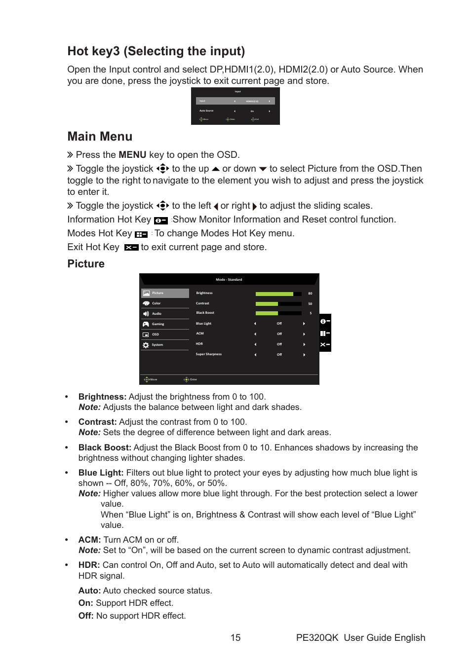 Hot key3 (selecting the input), Main menu, Picture | Acer PE320QK bmiipruzx 31.5" 16:9 Color Accurate HDR 4K UHD Monitor User Manual | Page 26 / 33