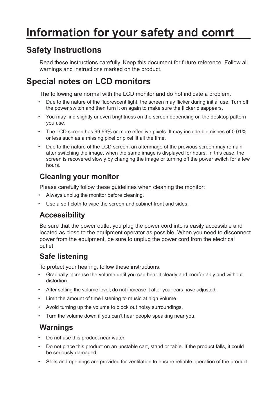 Information for your safety and comrt, Safety instructions, Special notes on lcd monitors | Cleaning your monitor, Accessibility, Safe listening, Warnings | Acer PE320QK bmiipruzx 31.5" 16:9 Color Accurate HDR 4K UHD Monitor User Manual | Page 3 / 33