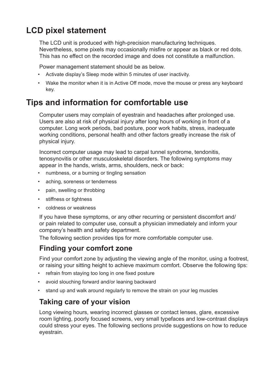 Lcd pixel statement, Tips and information for comfortable use, Finding your comfort zone | Taking care of your vision | Acer PE320QK bmiipruzx 31.5" 16:9 Color Accurate HDR 4K UHD Monitor User Manual | Page 6 / 33