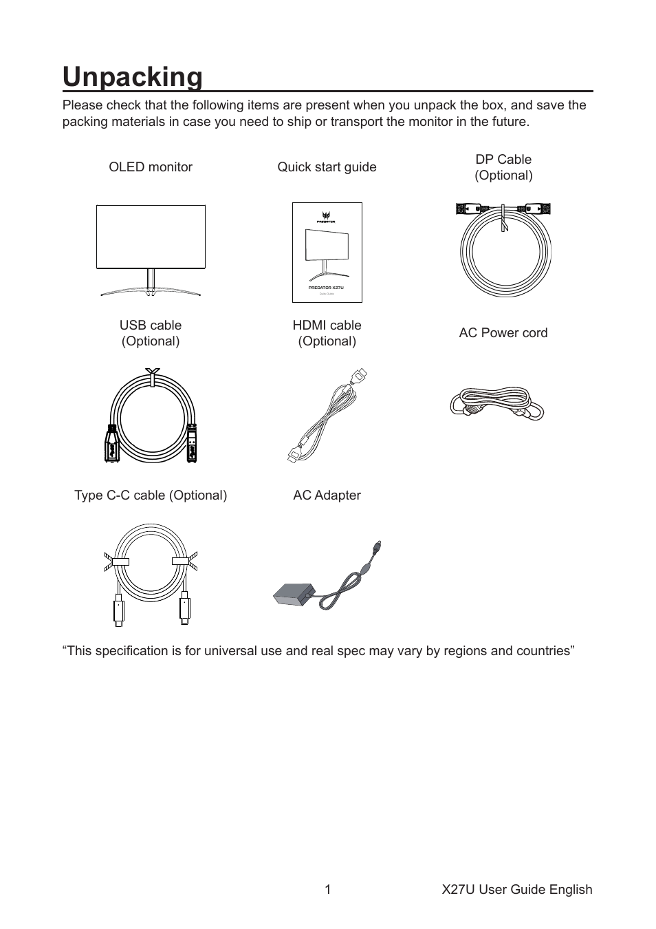 Unpacking | Acer Predator X27U bmiipruzx 27" 1440p HDR 240 Hz Gaming Monitor User Manual | Page 12 / 32