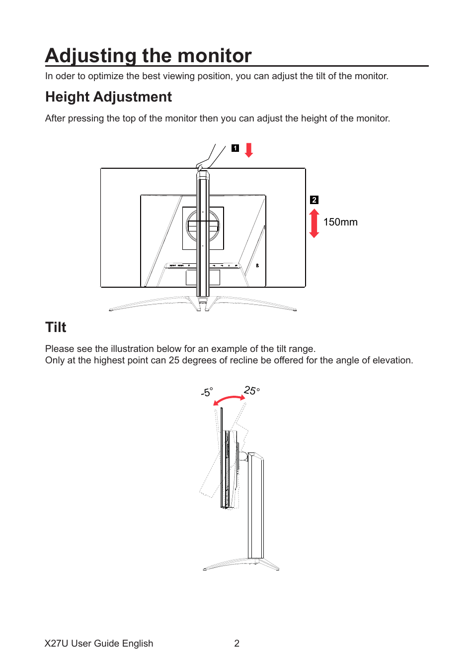 Adjusting the monitor, Height adjustment tilt, Height adjustment | Tilt | Acer Predator X27U bmiipruzx 27" 1440p HDR 240 Hz Gaming Monitor User Manual | Page 13 / 32