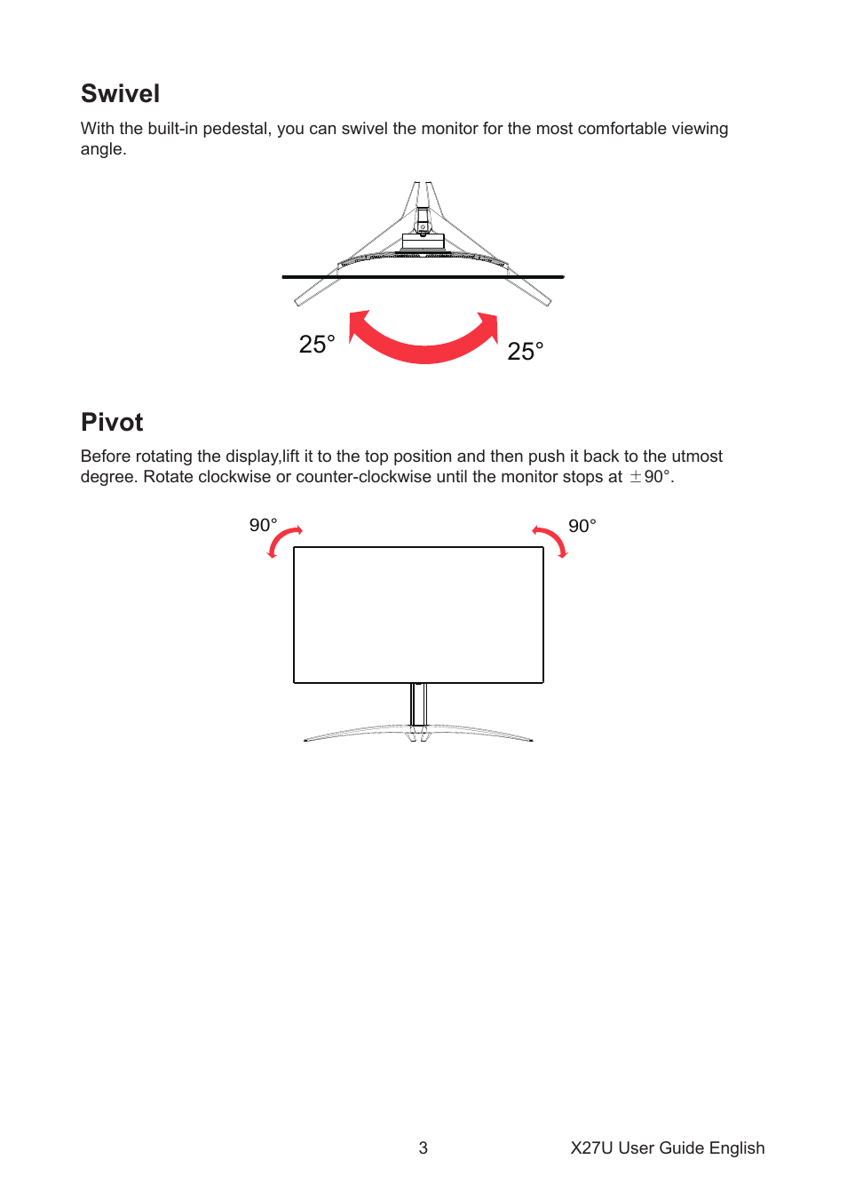 Swivel pivot, Swivel, Pivot | Acer Predator X27U bmiipruzx 27" 1440p HDR 240 Hz Gaming Monitor User Manual | Page 14 / 32