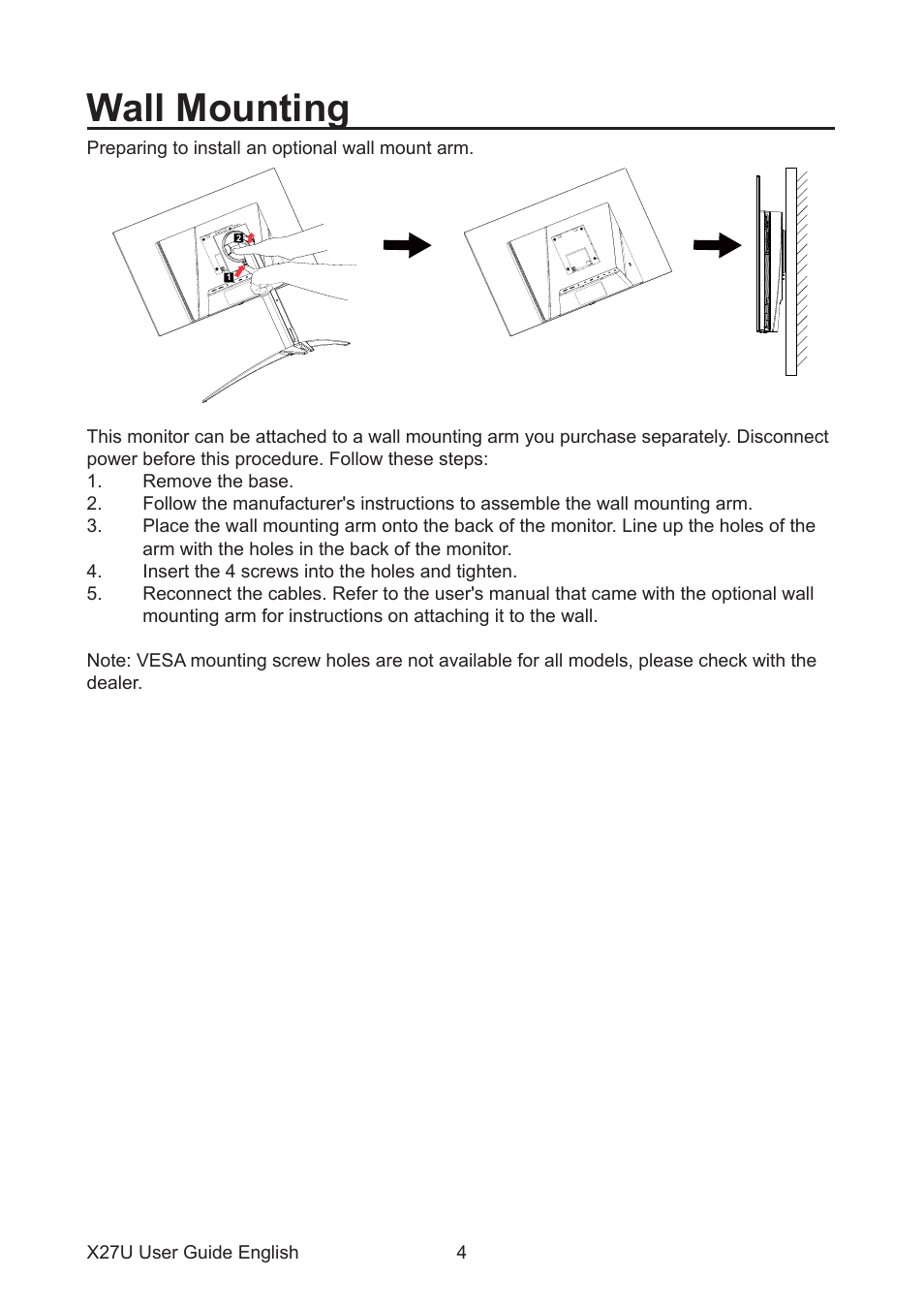 Wall mounting | Acer Predator X27U bmiipruzx 27" 1440p HDR 240 Hz Gaming Monitor User Manual | Page 15 / 32