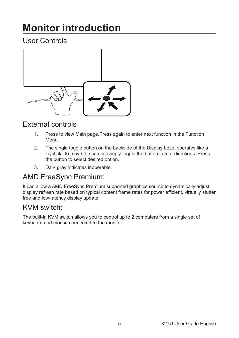 Monitor introduction, User controls external controls, Amd freesync premium | Kvm switch | Acer Predator X27U bmiipruzx 27" 1440p HDR 240 Hz Gaming Monitor User Manual | Page 16 / 32