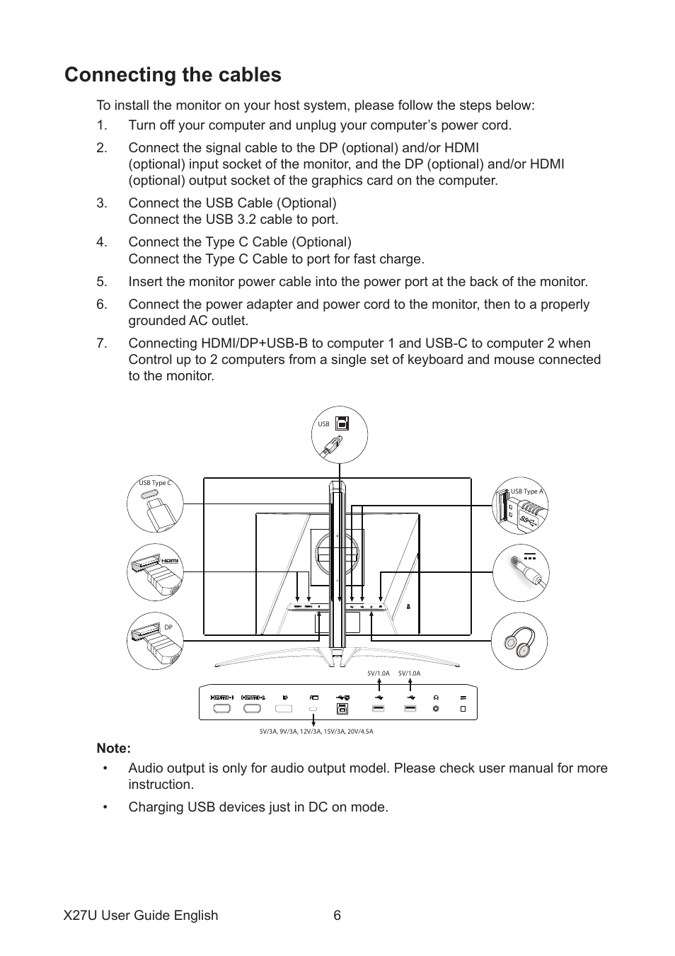 Connecting the cables | Acer Predator X27U bmiipruzx 27" 1440p HDR 240 Hz Gaming Monitor User Manual | Page 17 / 32