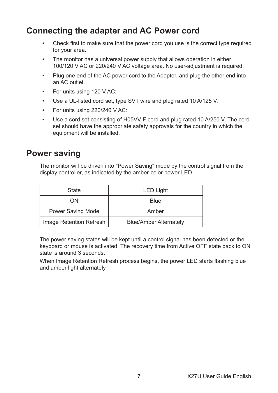 Connecting the adapter and ac power cord, Power saving | Acer Predator X27U bmiipruzx 27" 1440p HDR 240 Hz Gaming Monitor User Manual | Page 18 / 32