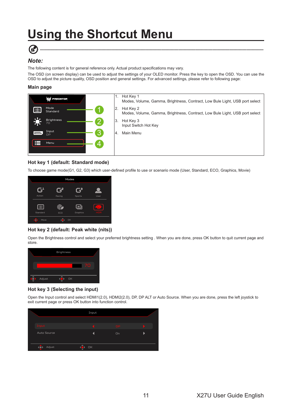 Using the shortcut menu, X27u user guide english 11, Main page | Hot key 1 (default: standard mode), Hot key 2 (default: peak white (nits)), Hot key 3 (selecting the input) | Acer Predator X27U bmiipruzx 27" 1440p HDR 240 Hz Gaming Monitor User Manual | Page 22 / 32