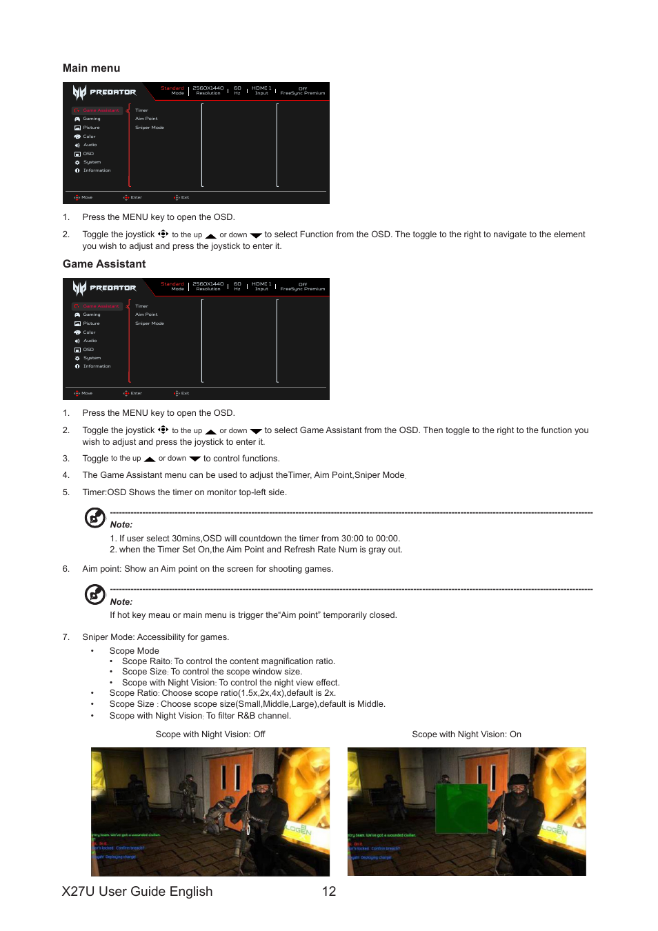 X27u user guide english 12, Main menu, Game assistant | Acer Predator X27U bmiipruzx 27" 1440p HDR 240 Hz Gaming Monitor User Manual | Page 23 / 32