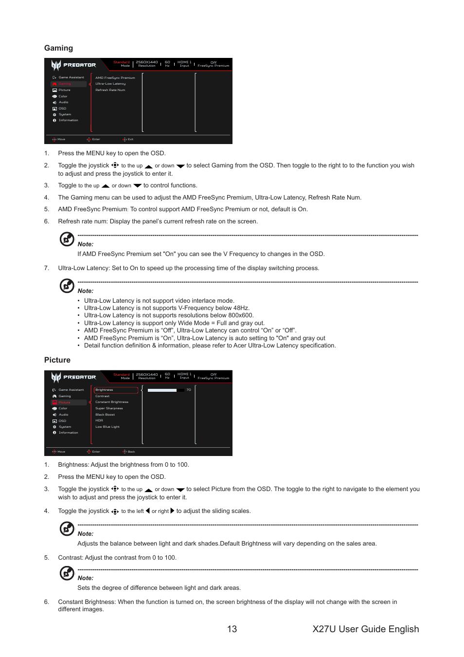 X27u user guide english 13, Gaming, Picture | Acer Predator X27U bmiipruzx 27" 1440p HDR 240 Hz Gaming Monitor User Manual | Page 24 / 32