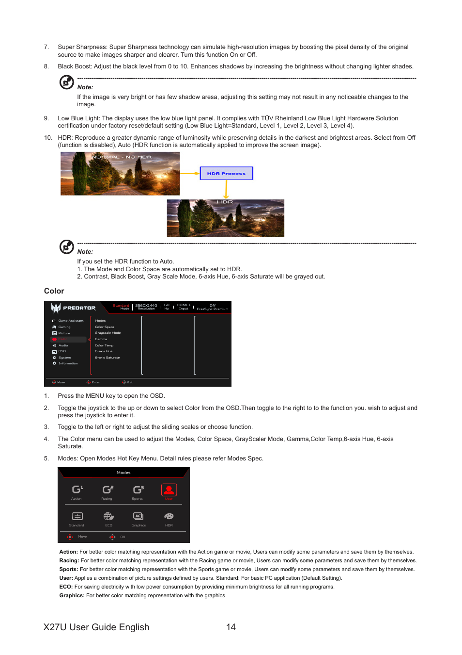 X27u user guide english 14, Color | Acer Predator X27U bmiipruzx 27" 1440p HDR 240 Hz Gaming Monitor User Manual | Page 25 / 32