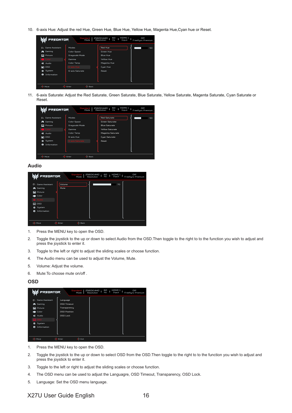 X27u user guide english 16, Audio | Acer Predator X27U bmiipruzx 27" 1440p HDR 240 Hz Gaming Monitor User Manual | Page 27 / 32