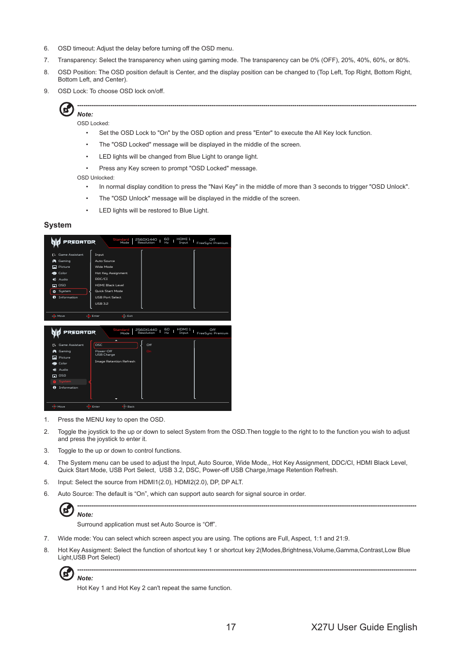 X27u user guide english 17, System | Acer Predator X27U bmiipruzx 27" 1440p HDR 240 Hz Gaming Monitor User Manual | Page 28 / 32