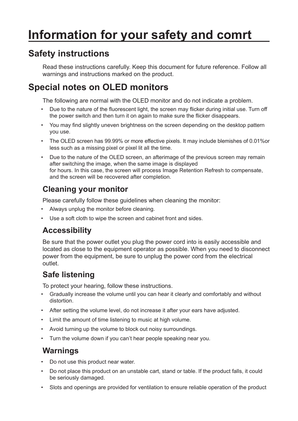 Information for your safety and comrt, Safety instructions, Cleaning your monitor | Accessibility, Safe listening, Warnings | Acer Predator X27U bmiipruzx 27" 1440p HDR 240 Hz Gaming Monitor User Manual | Page 3 / 32