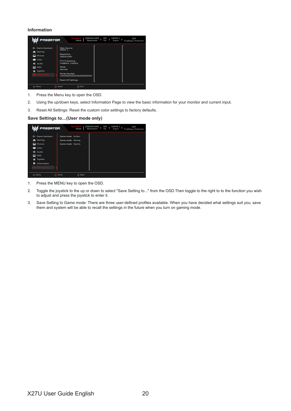 X27u user guide english 20, Information, Save settings to…(user mode only) | Acer Predator X27U bmiipruzx 27" 1440p HDR 240 Hz Gaming Monitor User Manual | Page 31 / 32