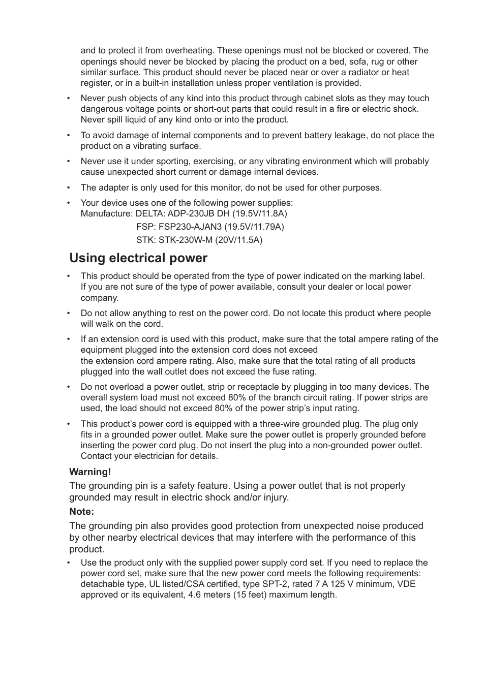 Using electrical power | Acer Predator X27U bmiipruzx 27" 1440p HDR 240 Hz Gaming Monitor User Manual | Page 4 / 32