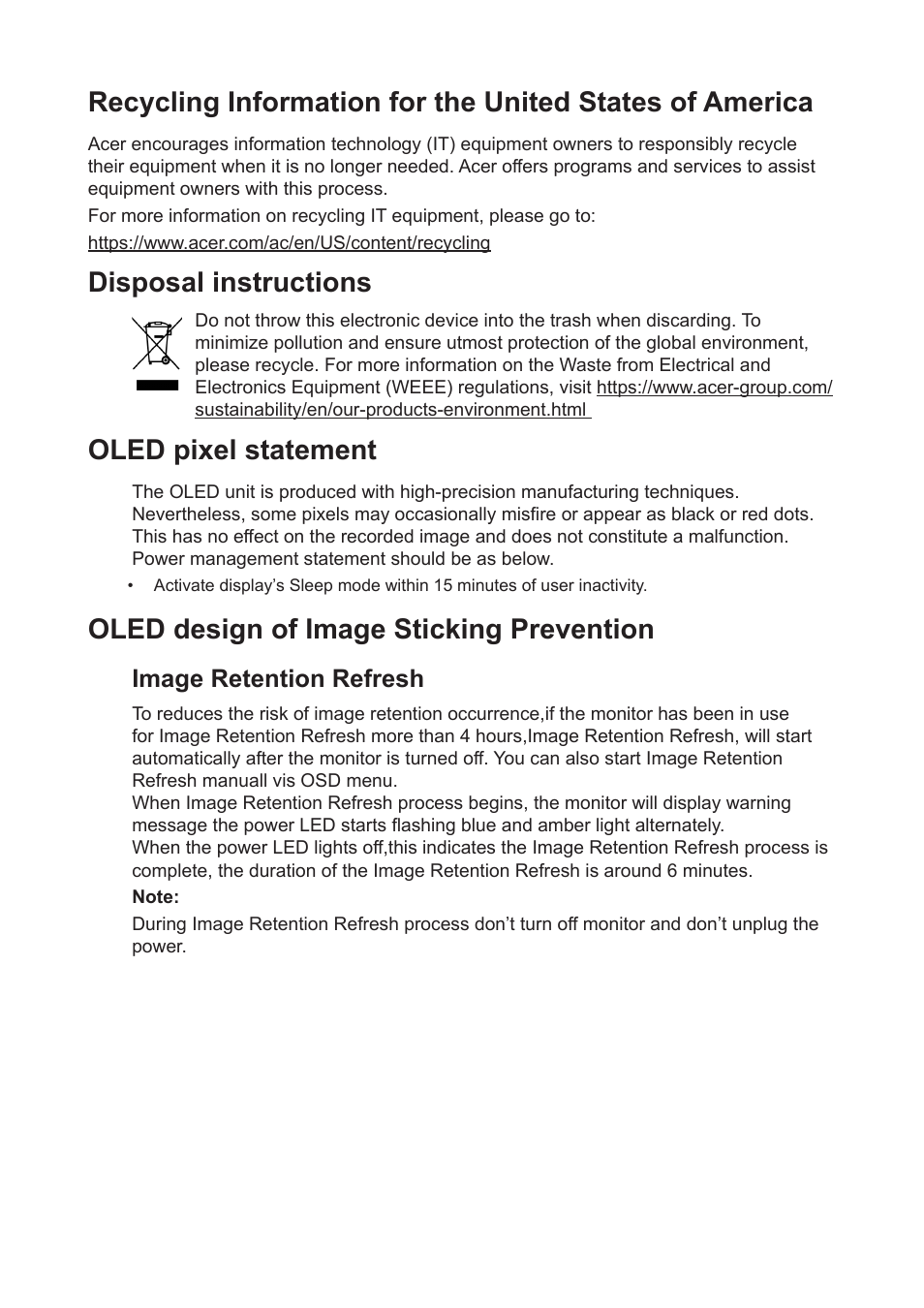 Disposal instructions, Oled pixel statement, Oled design of image sticking prevention | Image retention refresh | Acer Predator X27U bmiipruzx 27" 1440p HDR 240 Hz Gaming Monitor User Manual | Page 6 / 32