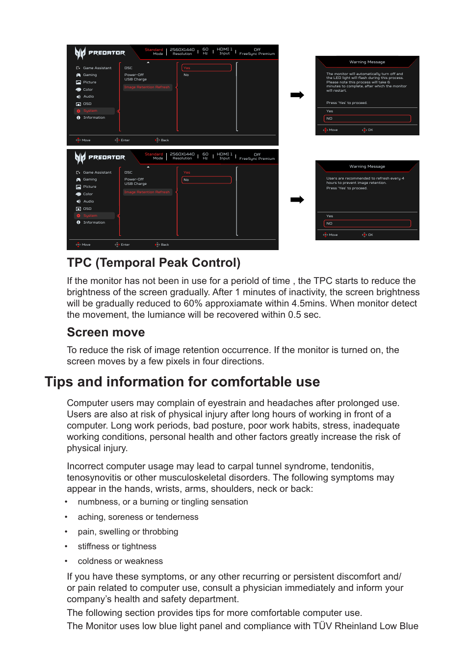 Tips and information for comfortable use, Tpc (temporal peak control), Screen move | Acer Predator X27U bmiipruzx 27" 1440p HDR 240 Hz Gaming Monitor User Manual | Page 7 / 32