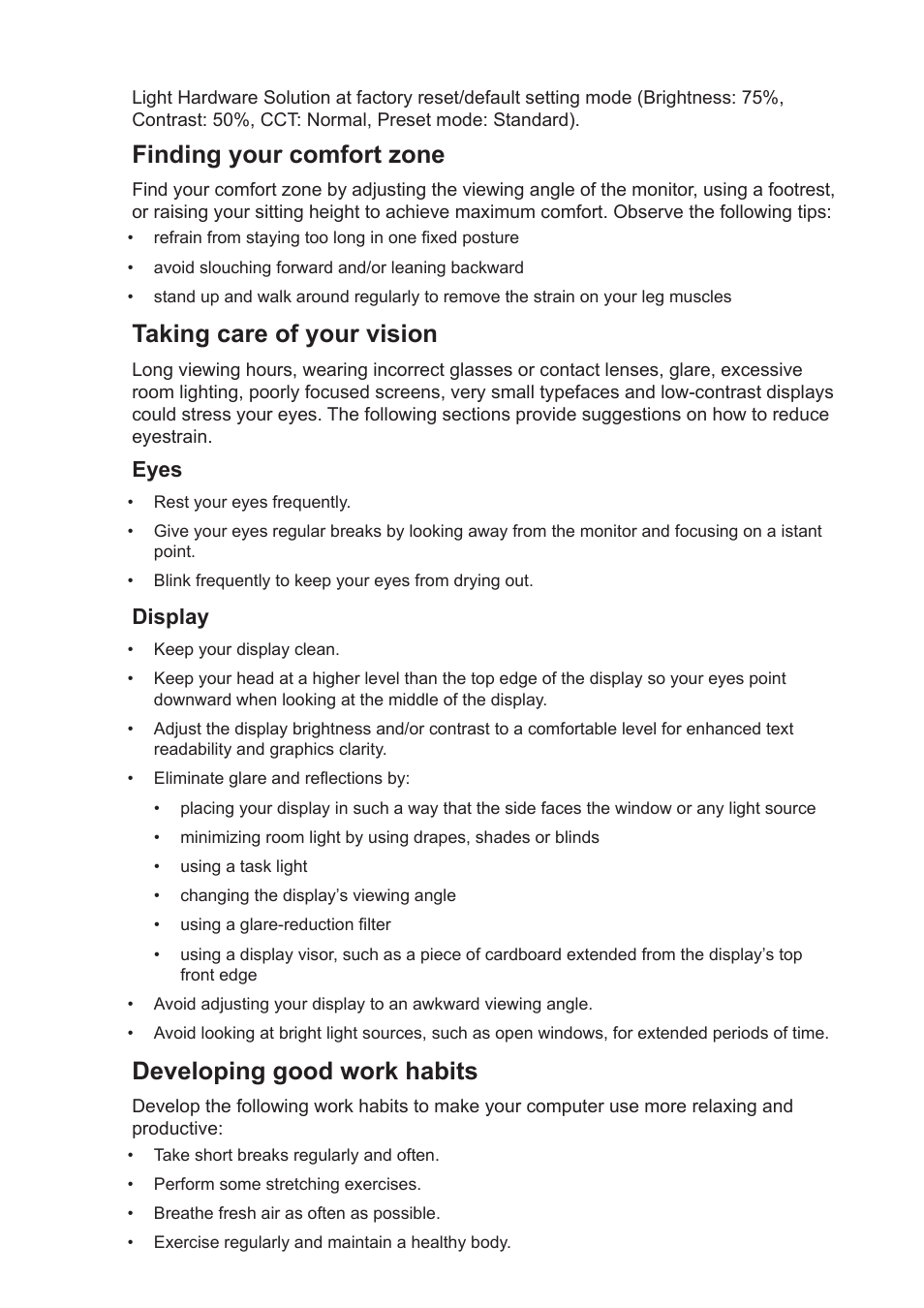 Finding your comfort zone, Taking care of your vision, Developing good work habits | Eyes, Display | Acer Predator X27U bmiipruzx 27" 1440p HDR 240 Hz Gaming Monitor User Manual | Page 8 / 32