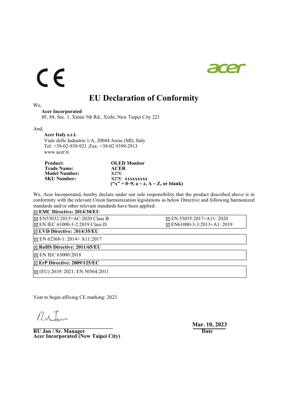 Eu declaration of conformity | Acer Predator X27U bmiipruzx 27" 1440p HDR 240 Hz Gaming Monitor User Manual | Page 9 / 32