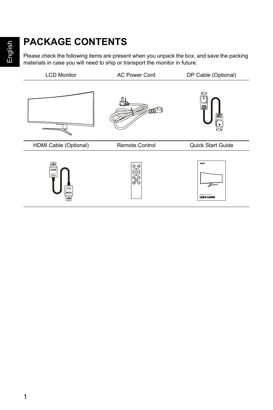 Package contents, 1english | Acer EI491CR SBMIIIPHX 49" DFHD 144 Hz Curved Gaming Monitor User Manual | Page 12 / 32