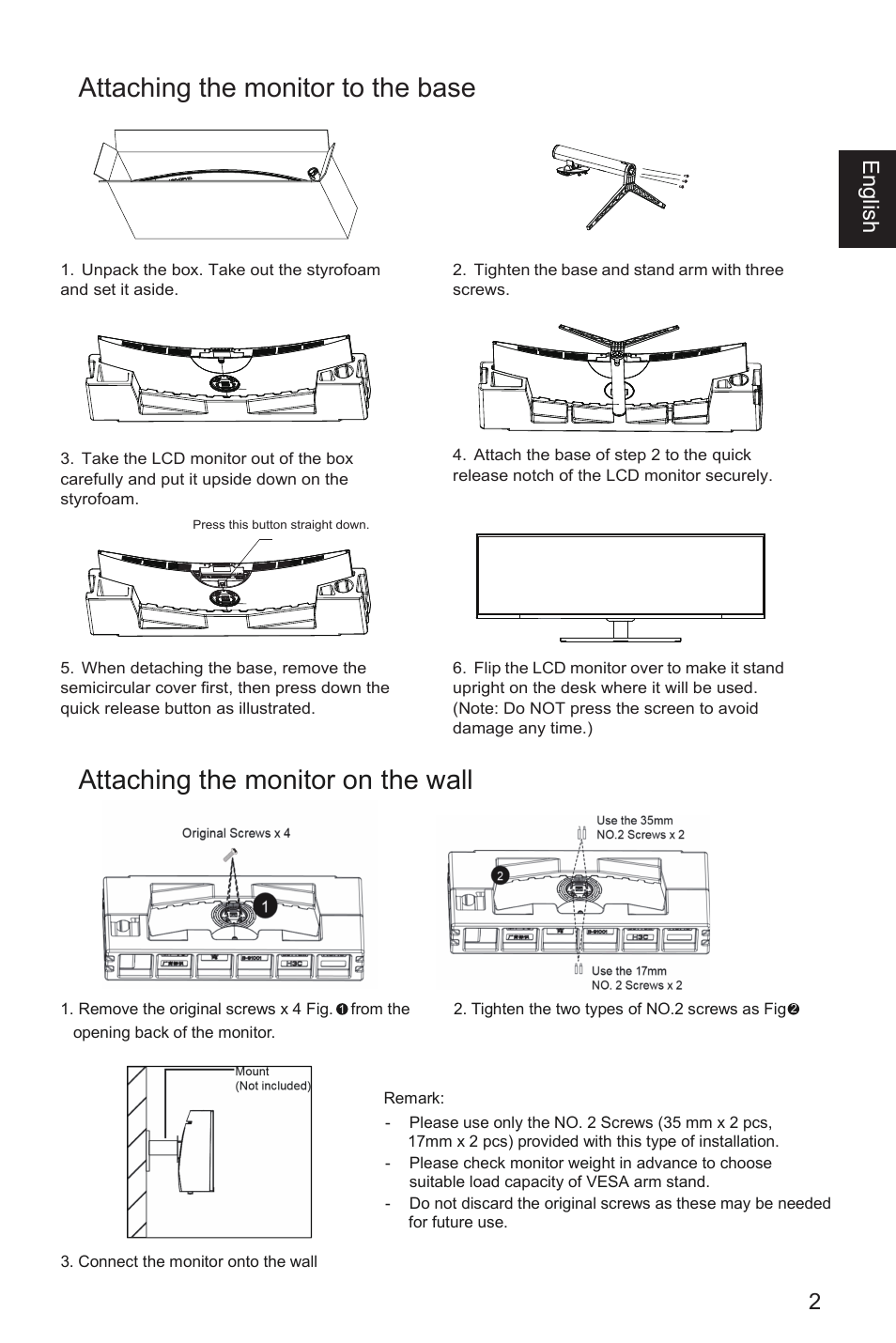 Attaching the monitor to the base, Attaching the monitor on the wall, 2engli sh | Acer EI491CR SBMIIIPHX 49" DFHD 144 Hz Curved Gaming Monitor User Manual | Page 13 / 32