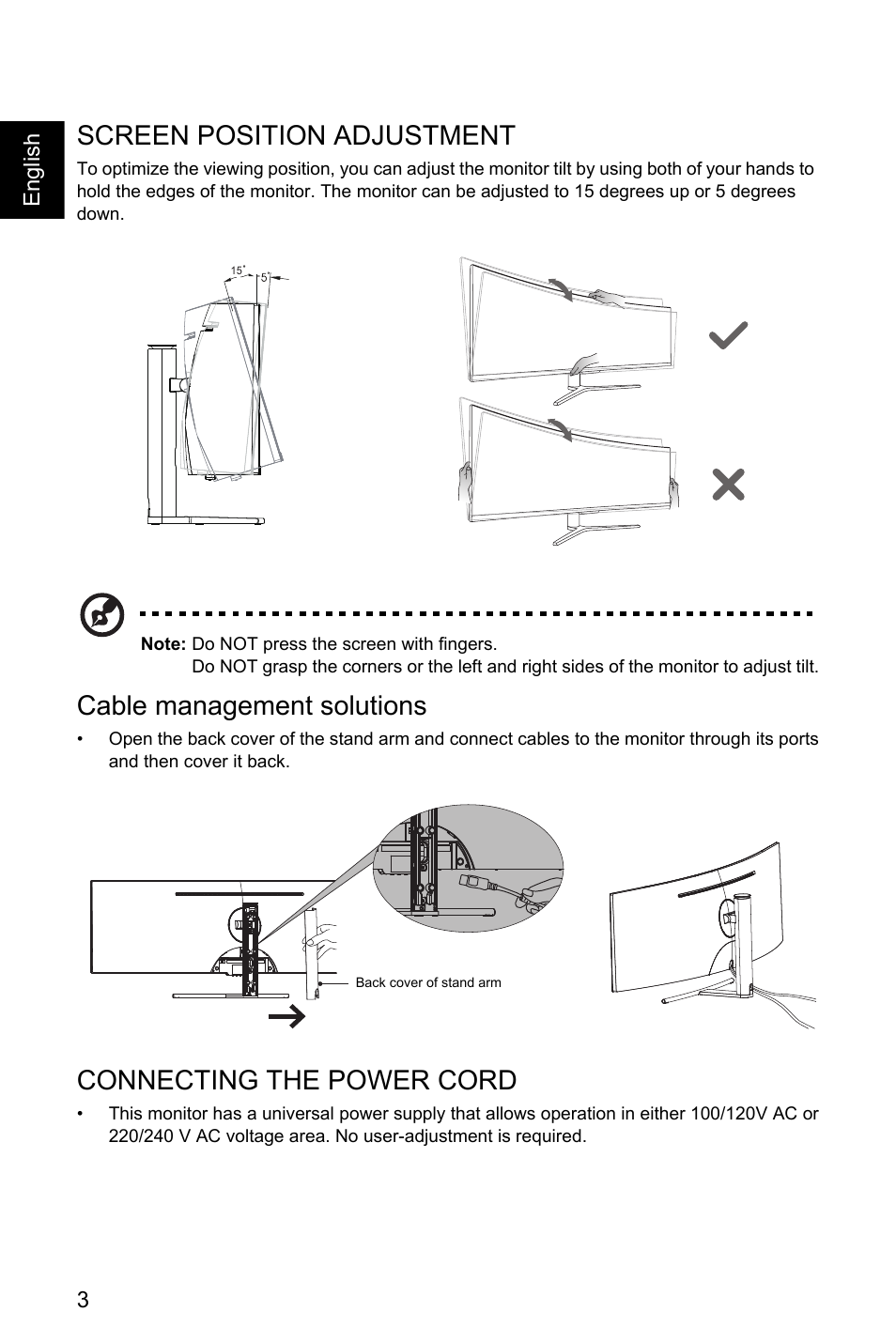 Screen position adjustment, Cable management solutions, Connecting the power cord | Acer EI491CR SBMIIIPHX 49" DFHD 144 Hz Curved Gaming Monitor User Manual | Page 14 / 32