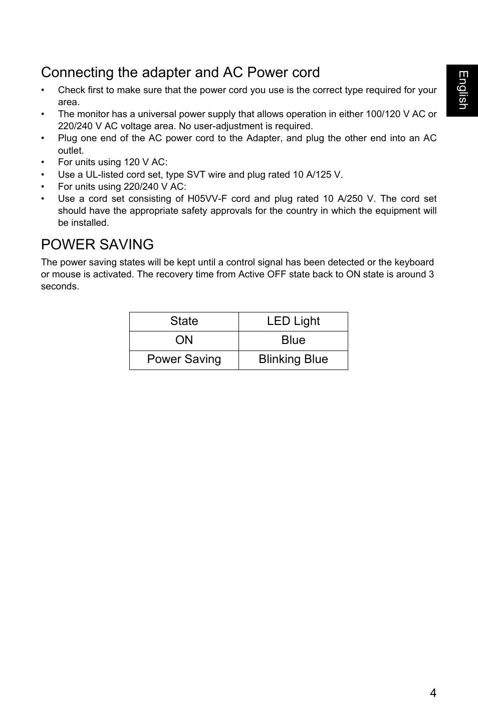 Power saving, Connecting the adapter and ac power cord | Acer EI491CR SBMIIIPHX 49" DFHD 144 Hz Curved Gaming Monitor User Manual | Page 15 / 32