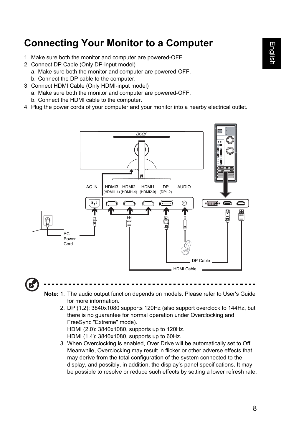 Connecting your monitor to a computer, 8englis h | Acer EI491CR SBMIIIPHX 49" DFHD 144 Hz Curved Gaming Monitor User Manual | Page 19 / 32