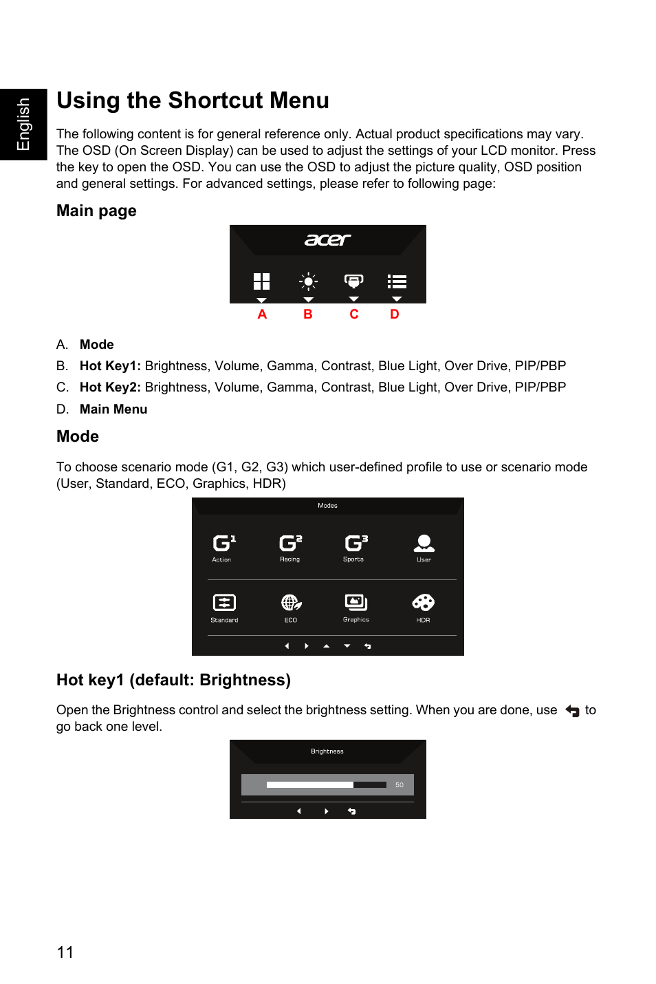 Using the shortcut menu, Mode, Hot key1 (default: brightness) | Acer EI491CR SBMIIIPHX 49" DFHD 144 Hz Curved Gaming Monitor User Manual | Page 22 / 32