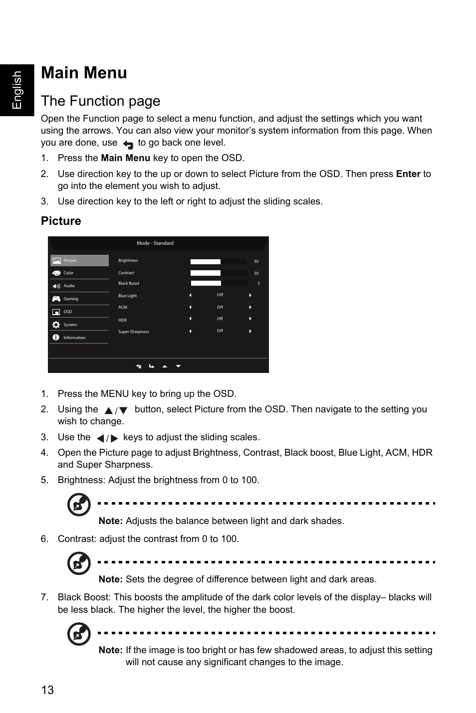 Main menu, Picture, The function page | 13 english | Acer EI491CR SBMIIIPHX 49" DFHD 144 Hz Curved Gaming Monitor User Manual | Page 24 / 32