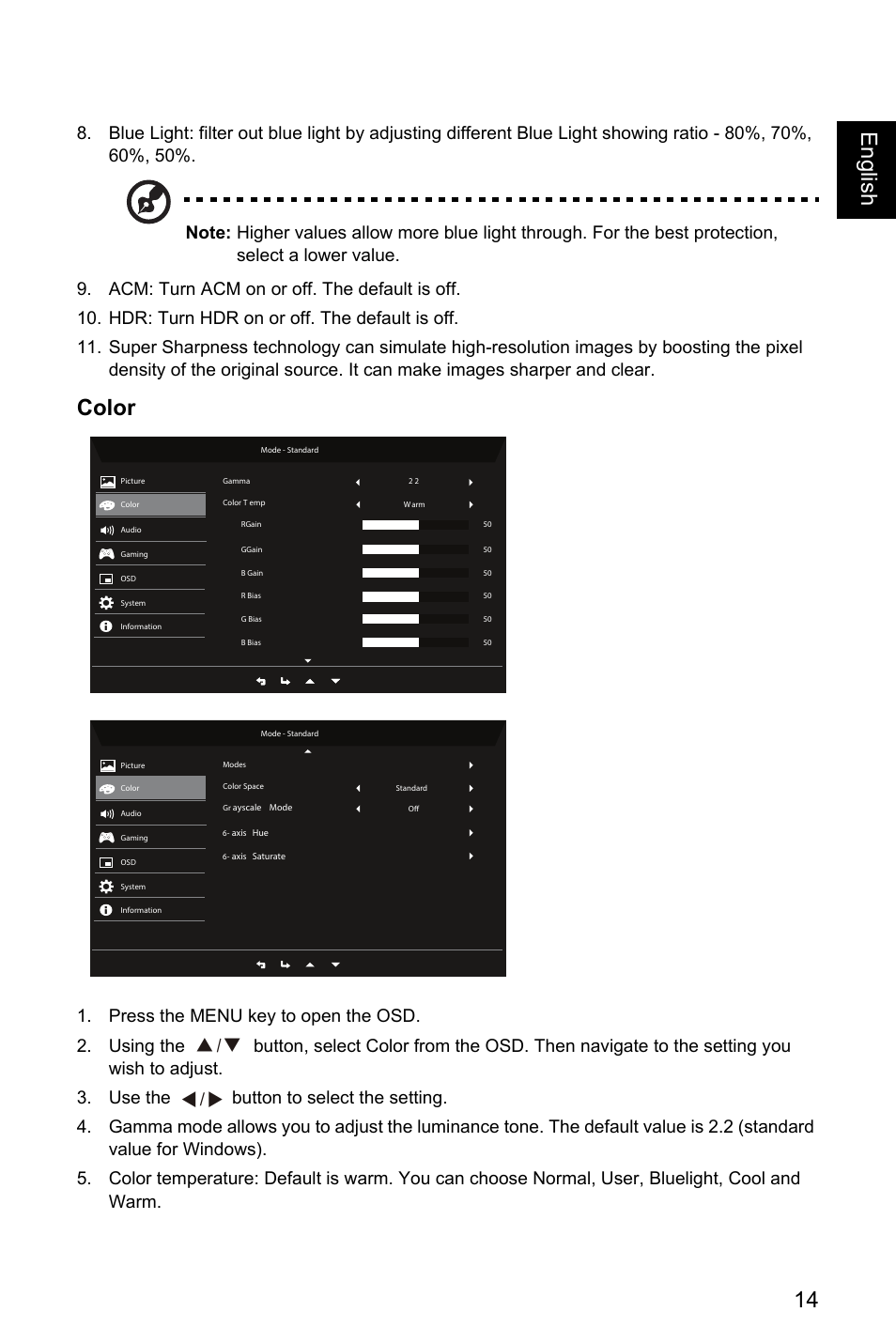 Color, 14 englis h, Ř!ř 0 ř ř | Acer EI491CR SBMIIIPHX 49" DFHD 144 Hz Curved Gaming Monitor User Manual | Page 25 / 32