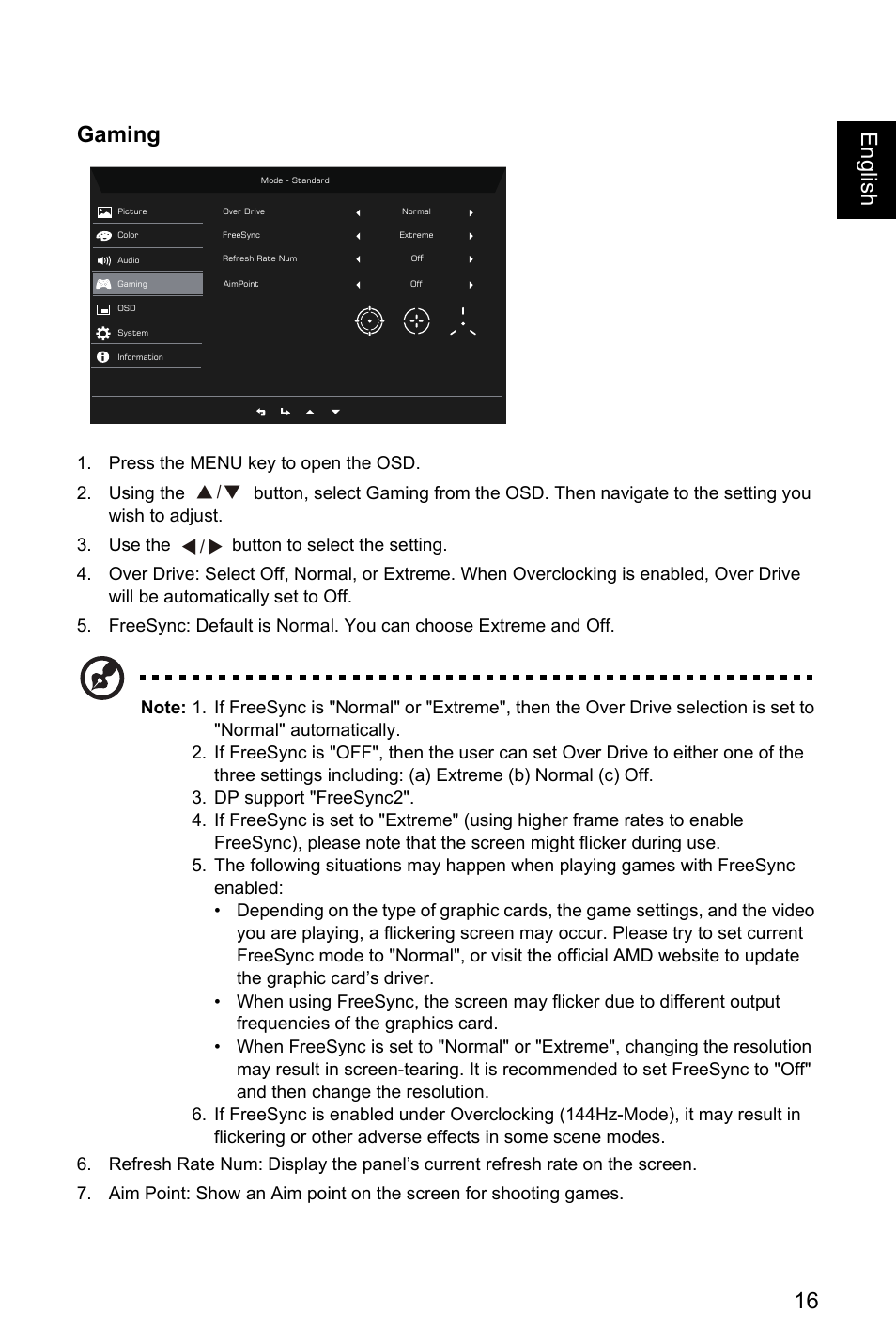 Gaming, 16 englis h gaming | Acer EI491CR SBMIIIPHX 49" DFHD 144 Hz Curved Gaming Monitor User Manual | Page 27 / 32