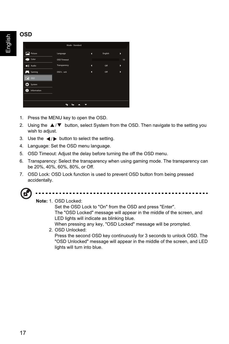 17 english osd | Acer EI491CR SBMIIIPHX 49" DFHD 144 Hz Curved Gaming Monitor User Manual | Page 28 / 32