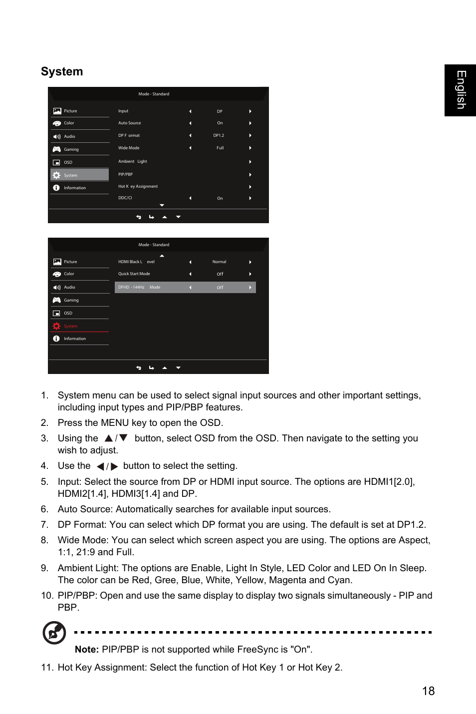 System, 18 englis h system, Ř!ř 0 ř ř | Acer EI491CR SBMIIIPHX 49" DFHD 144 Hz Curved Gaming Monitor User Manual | Page 29 / 32