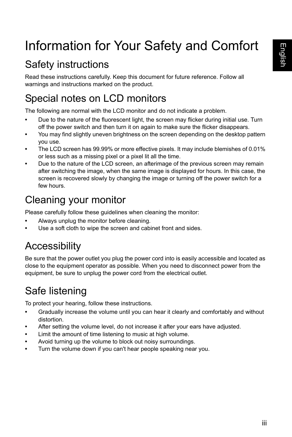 Information for your safety and comfort, Safety instructions, Special notes on lcd monitors | Cleaning your monitor, Accessibility, Safe listening | Acer EI491CR SBMIIIPHX 49" DFHD 144 Hz Curved Gaming Monitor User Manual | Page 3 / 32