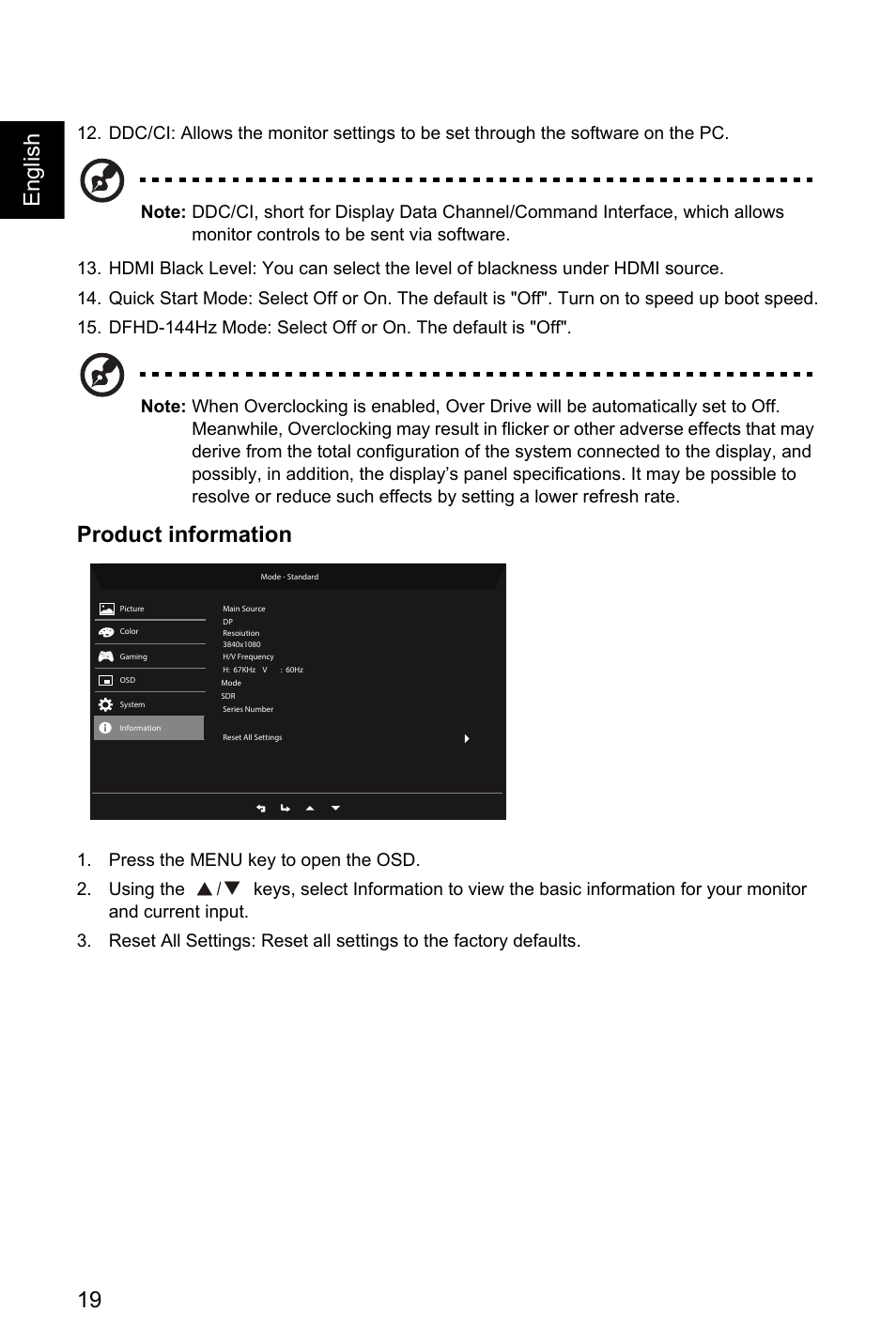 Product information, 19 english, Ř!ř 0 | Acer EI491CR SBMIIIPHX 49" DFHD 144 Hz Curved Gaming Monitor User Manual | Page 30 / 32