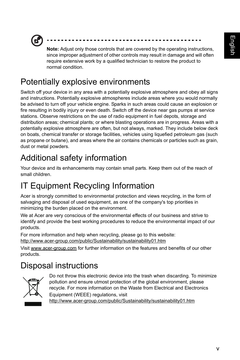 Additional safety information, It equipment recycling information, Disposal instructions | Potentially explosive environments | Acer EI491CR SBMIIIPHX 49" DFHD 144 Hz Curved Gaming Monitor User Manual | Page 5 / 32