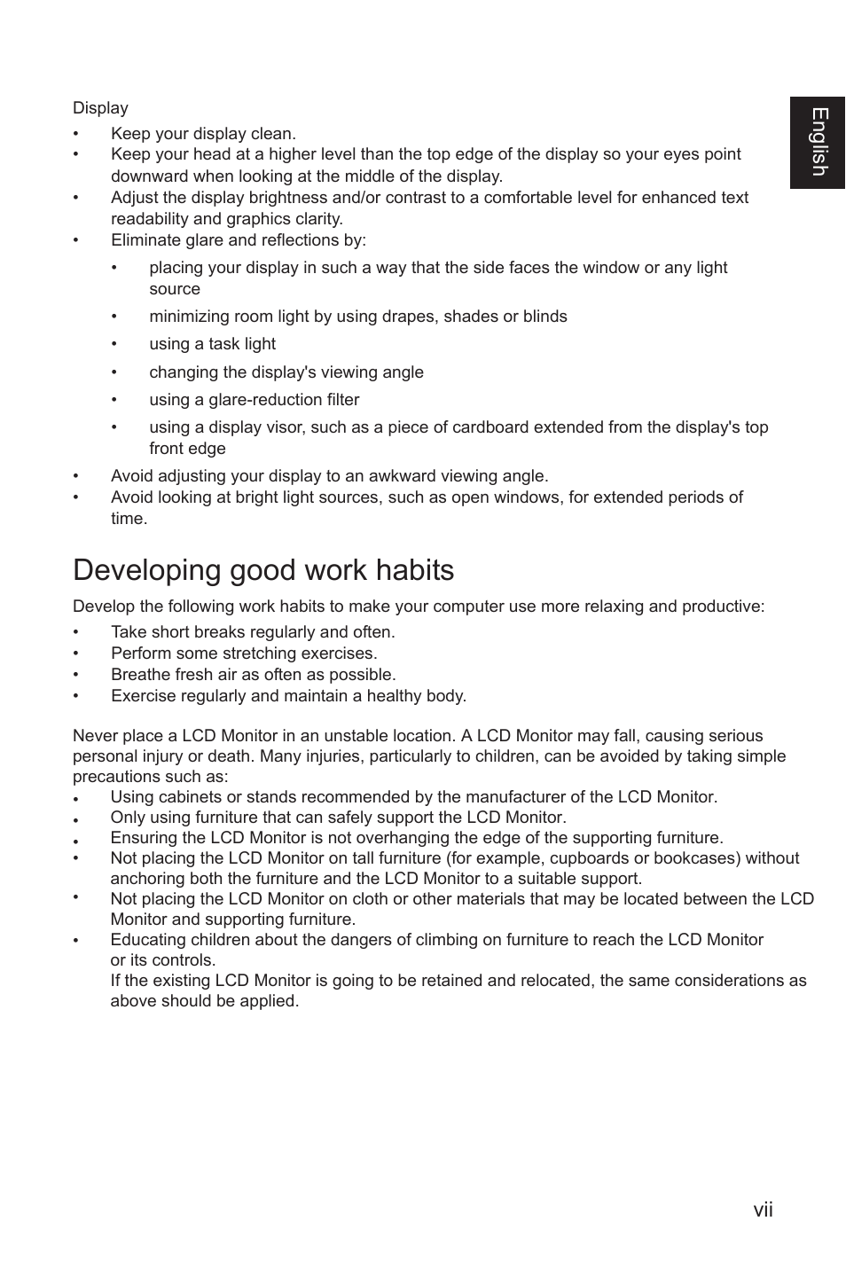 Developing good work habits, Vii engli sh | Acer EI491CR SBMIIIPHX 49" DFHD 144 Hz Curved Gaming Monitor User Manual | Page 7 / 32