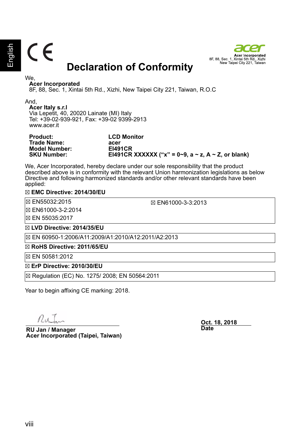 Declaration of conformity, Viii english | Acer EI491CR SBMIIIPHX 49" DFHD 144 Hz Curved Gaming Monitor User Manual | Page 8 / 32