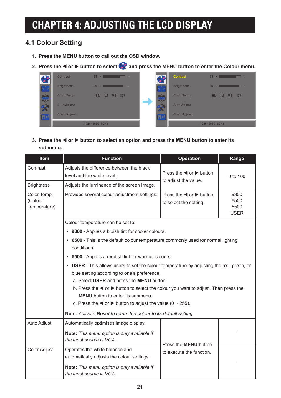 Chapter 4: adjusting the lcd display, 1 colour setting | AG Neovo LA-27 27" 16:9 Eye-Care VA Monitor User Manual | Page 21 / 32